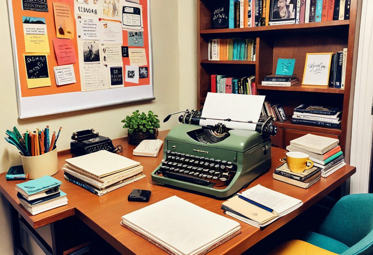 A cozy writer's desk adorned with a typewriter, an open laptop, and stacks of colorful books. Surrounding the desk are illustrated characters representing diverse bloggers engaged in lively discussions, sharing ideas. Soft, warm lighting creates an inviting atmosphere, with a bulletin board displaying social media icons and handwritten notes for collaboration. The scene captures the essence of community and creativity in the blogging world. cartoon style. warm colors. vibrant details.