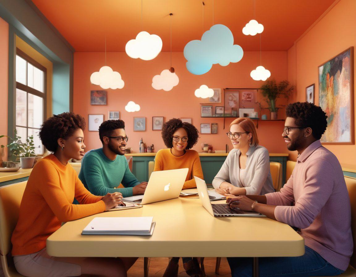 A vibrant illustration of a diverse group of people sharing their personal stories in a cozy café setting, surrounded by laptops and notebooks filled with creative ideas. Each person showcases a unique hobby or expertise, embodying individuality and expression. Soft lighting creates a warm atmosphere, highlighting their passion and engagement. Incorporate elements like speech bubbles or thought clouds to represent storytelling. colorful and engaging. 3D. vibrant colors.